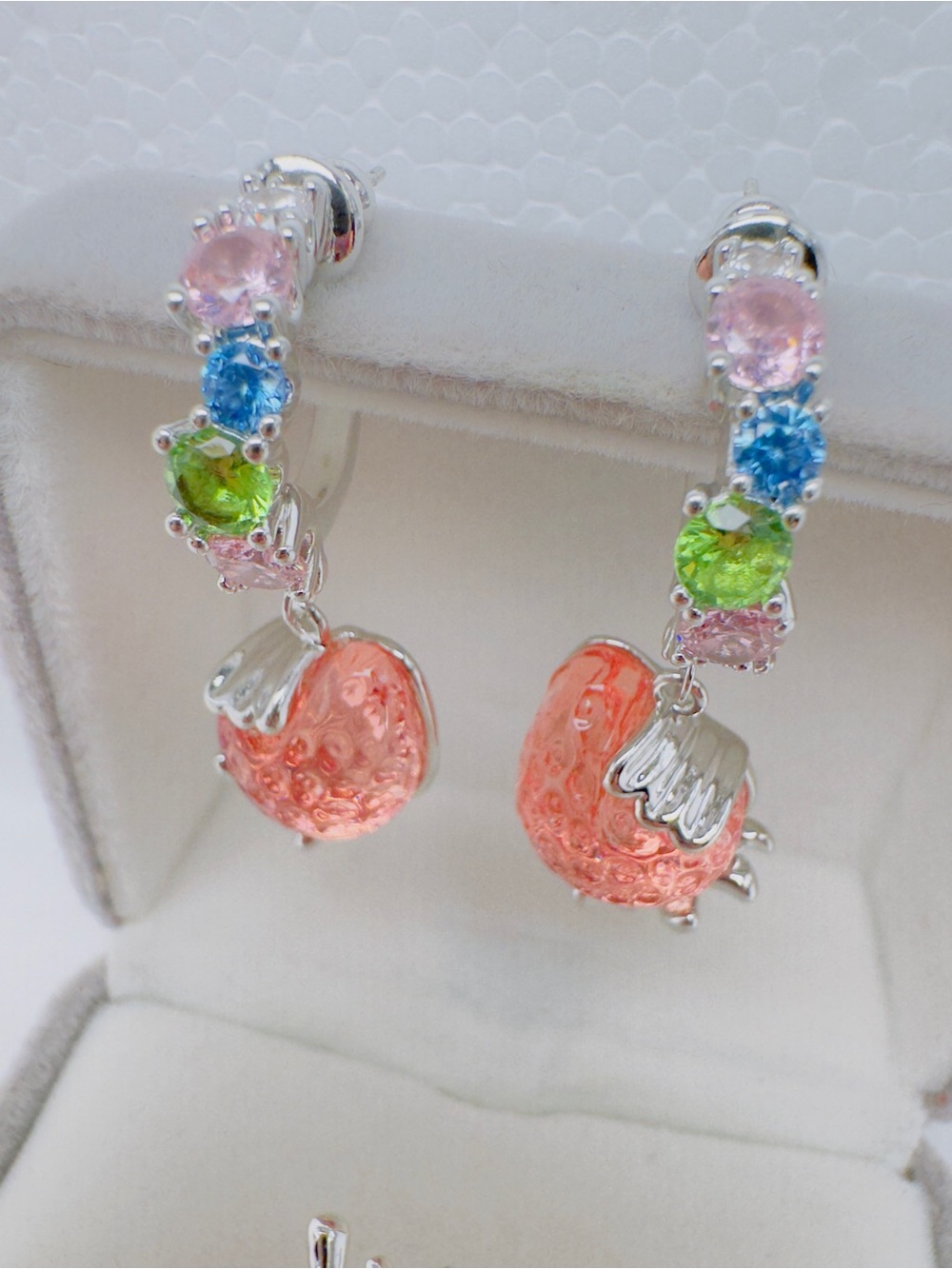 Multicolor Strawberry Drop Hoop Earrings - Silver Tone